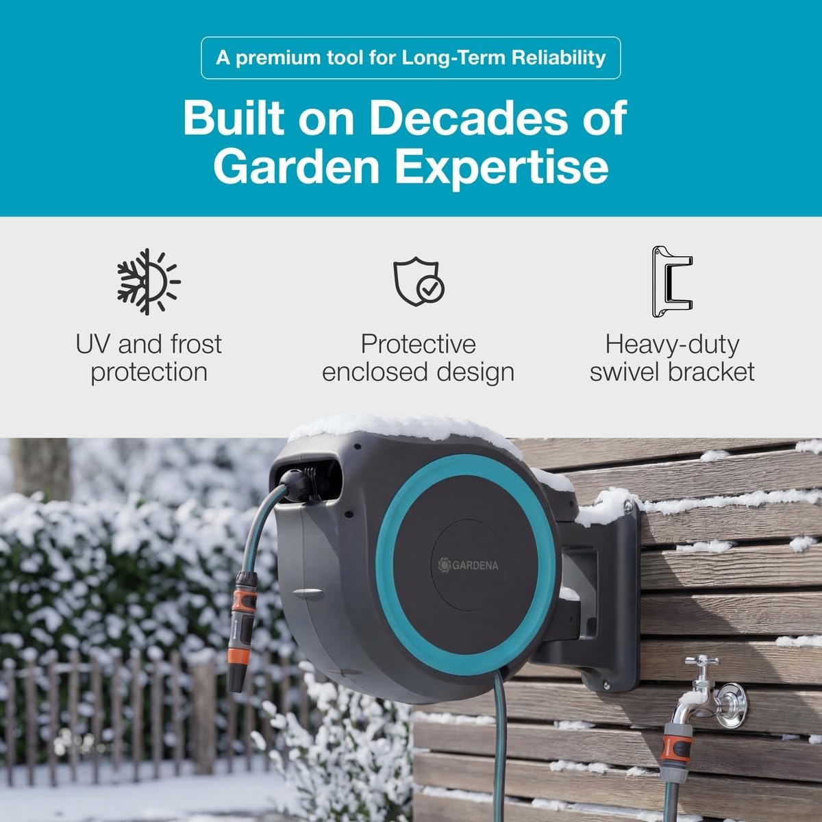 GARDENA Retractable Garden Hose Reel - 115 Feet - Auto Retract Hose Reel with 180° Swivel Wall Mount - Heavy Duty