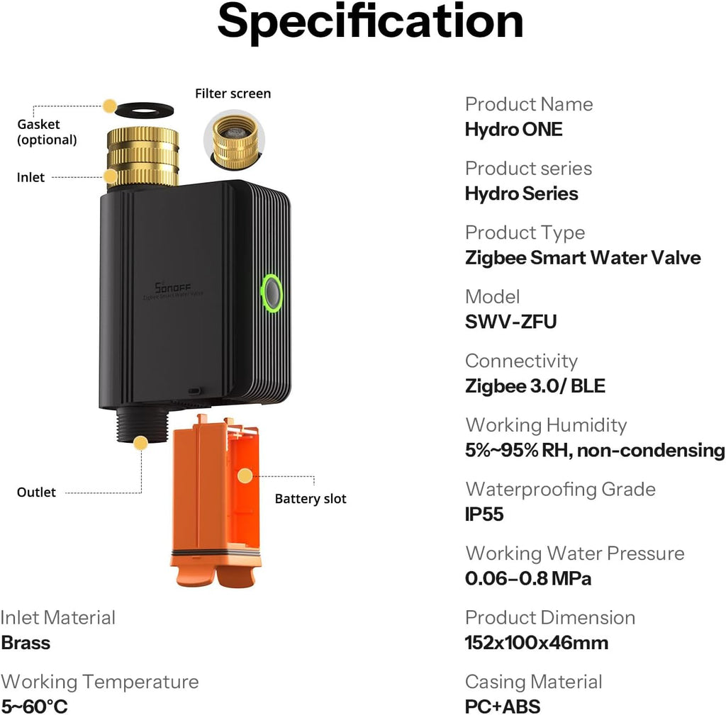 SONOFF SWV-ZFU Hydro ONE Zigbee Smart Sprinkler Timer, Brass Inlet, Weather-Adaptive Scheduling Irrigation Timer with