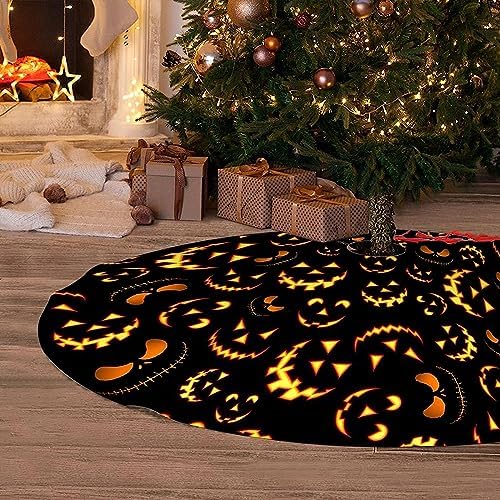 Halloween Tree Skirt 36Inch Pumpkin Smile Face Halloween Christmas Tree Decorations Black Tree Skirt for Fall Holiday Party Home Decor
