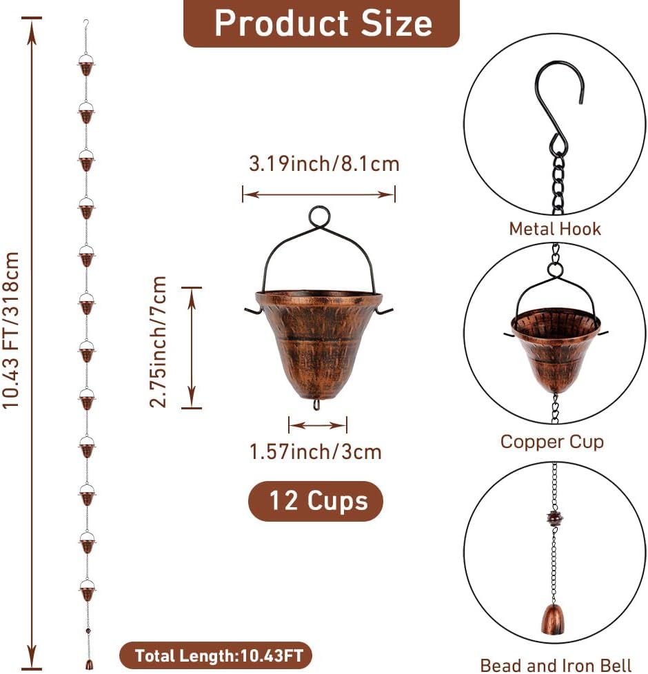 dreamysoul Copper Rain Chains for Outside, 10.43FT with 12 Cups Rain Catcher Chains for Downspout Gutters, Eaves