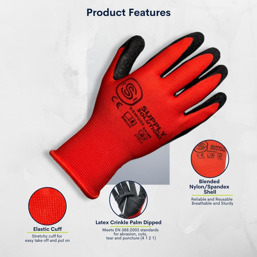 13 Gauge Polyester Shell with Latex Crinkle Palm Dipped Safety Work Gloves for Landscaping, Warehouse, Construction
