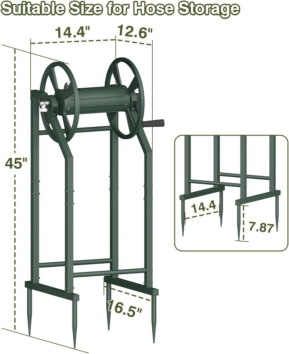 4-Spike Garden Hose Reel with 3.9ft Leader Hose & Stainless Fitting, Outdoor Hose Holder holds 125ft Hose of 5/8"