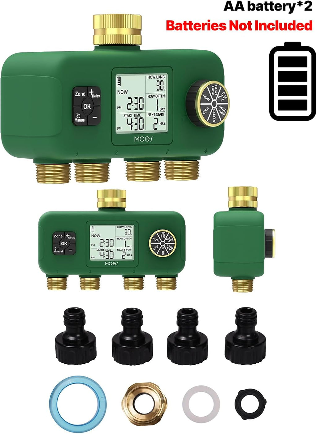 MOES 4 Zone Water Timer, Brass Fittings, Sequential Watering, No Wi-Fi | 4 Independently Programmable Outlets With 3/4