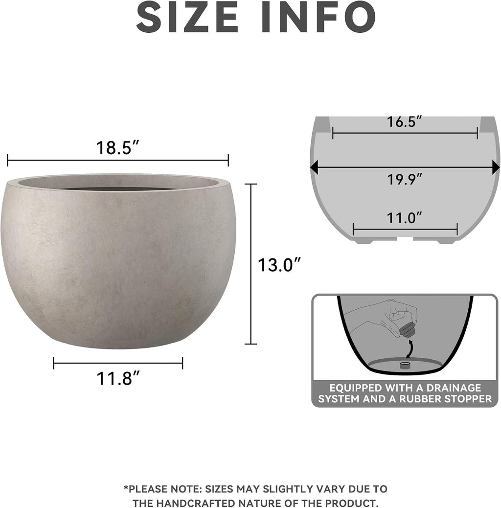 Kante Large Round Bowl Weathered Concrete Planter 20" Dia, Outdoor | Rubber Plug for Indoor, Drainage for Garden