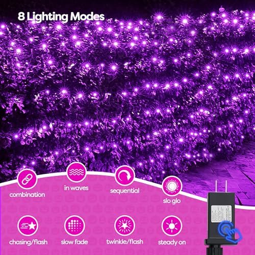WBao Halloween Lights Outdoor 360LED 11.5ft x 6.9ft Halloween Net Lights with 8 Modes, Timer, Connectable, Waterproof & Dark Green Wire for Lawn, Bushes, Shrubs Outdoor Holiday Decorations, Purple
