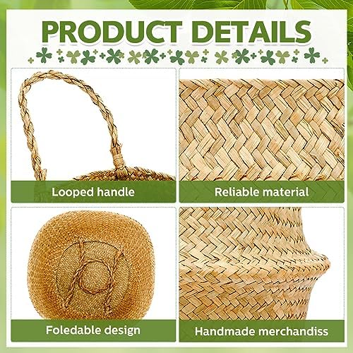 Qunclay 4 Pcs Woven Seagrass Baskets Belly Basket, L,13''dx11''h