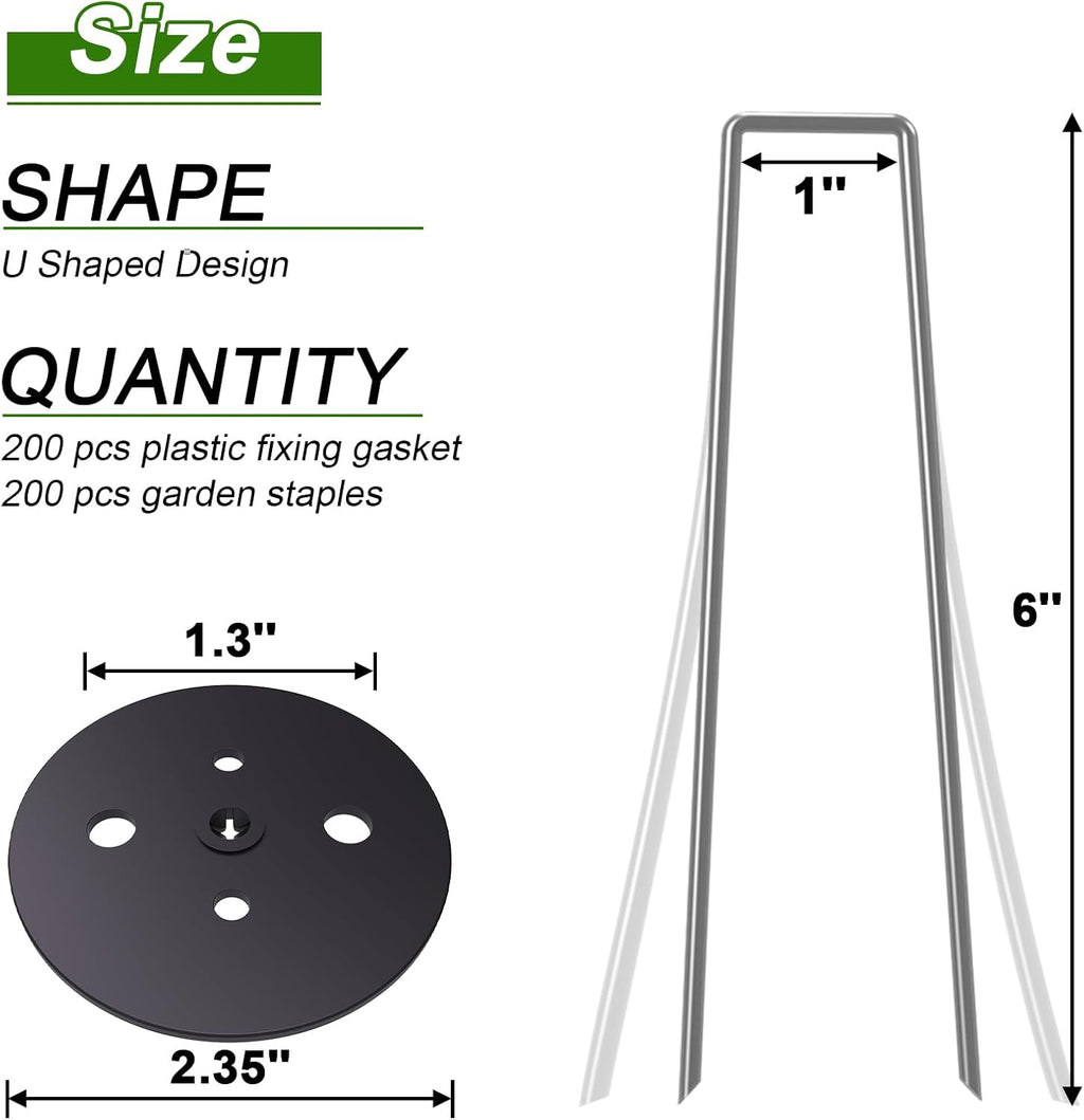 Landscape Staples 6 Inch with Gaskets, Galvanized Garden Stakes | 200 Pack 11 Gauge Vapor Barrier Stakes, Metal SOD