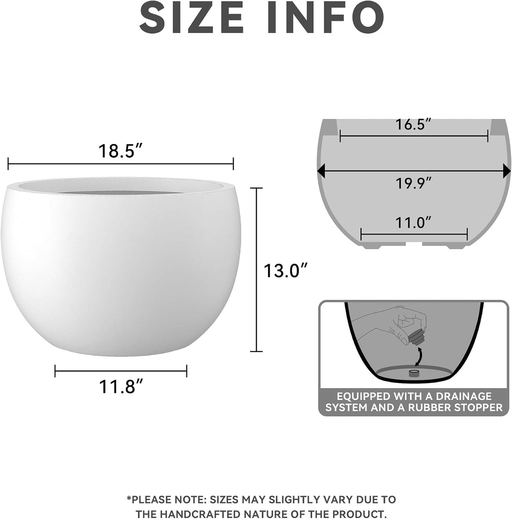 Kante Large Round Bowl White Concrete Planter 20" Dia, Outdoor | Rubber Plug for Indoor, Drainage for Garden