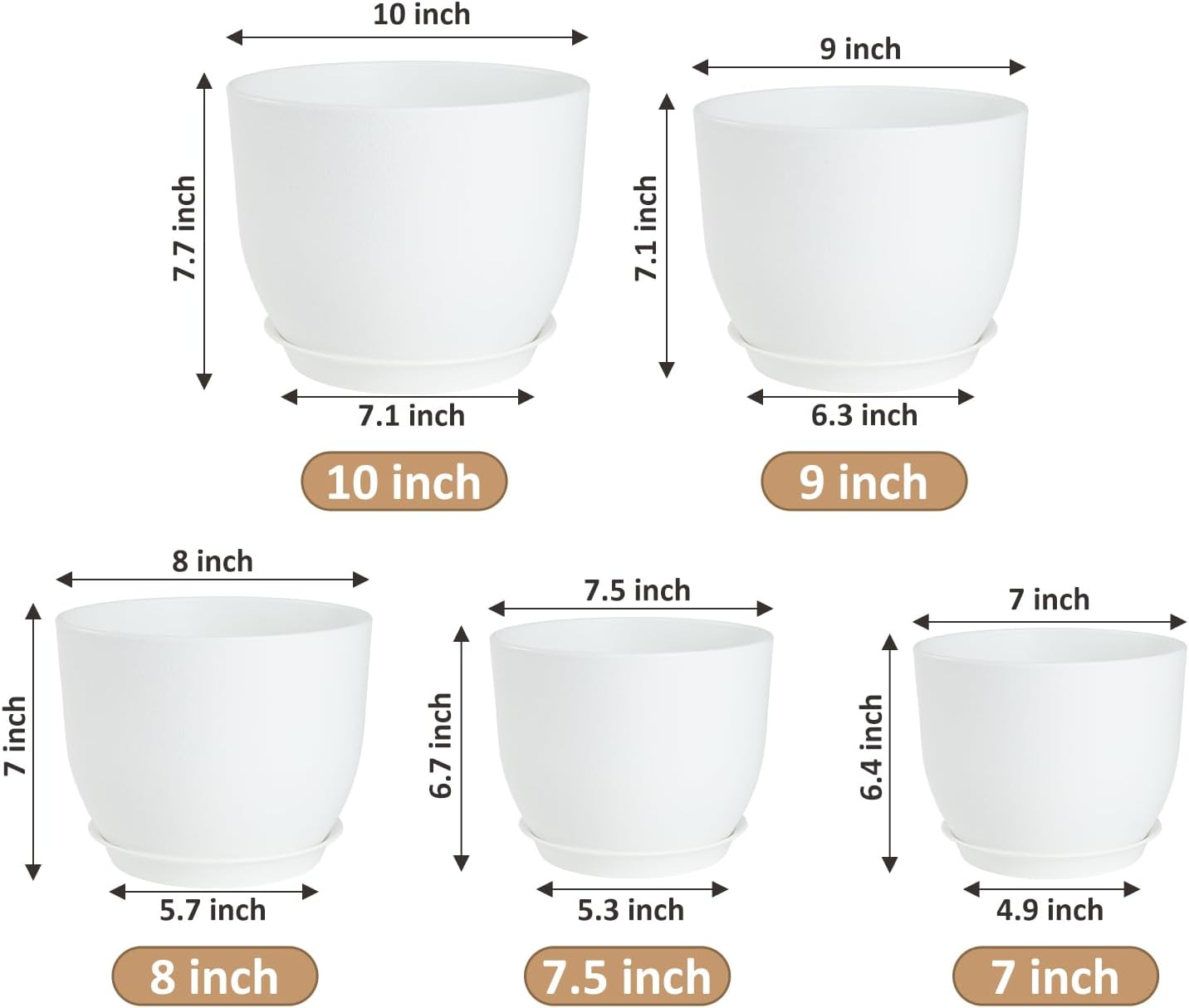 YNNICO Plant Pots 10/9/8/7.5/7 inch Flower Pots with Multi Mesh Drainage Holes, Planters for Indoor Outdoor Garden