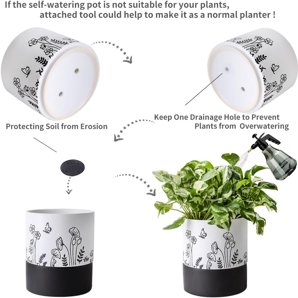 Nihow Self Watering Pots for Indoor Plants,6 Inch,White,Hand Painting | Ceramic Planter, Drainage Hole & Water Storage