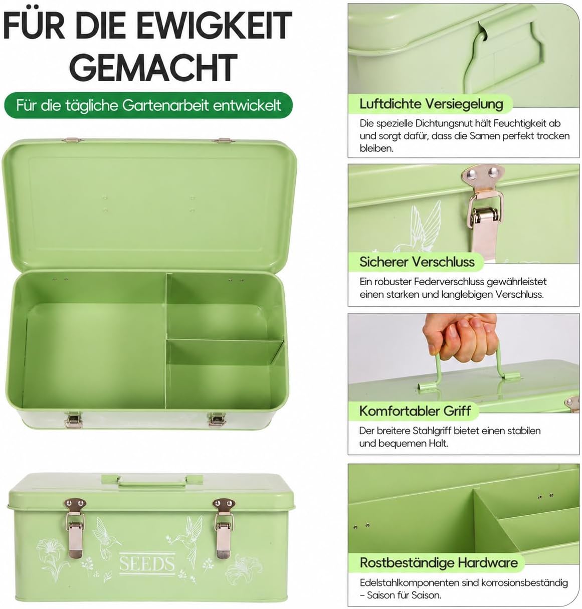 60 Slots Seed Organizer Storage Box with 3 Compartments,Large Metal Garden Seed Organizer with Lid&Safety Locks,Seed