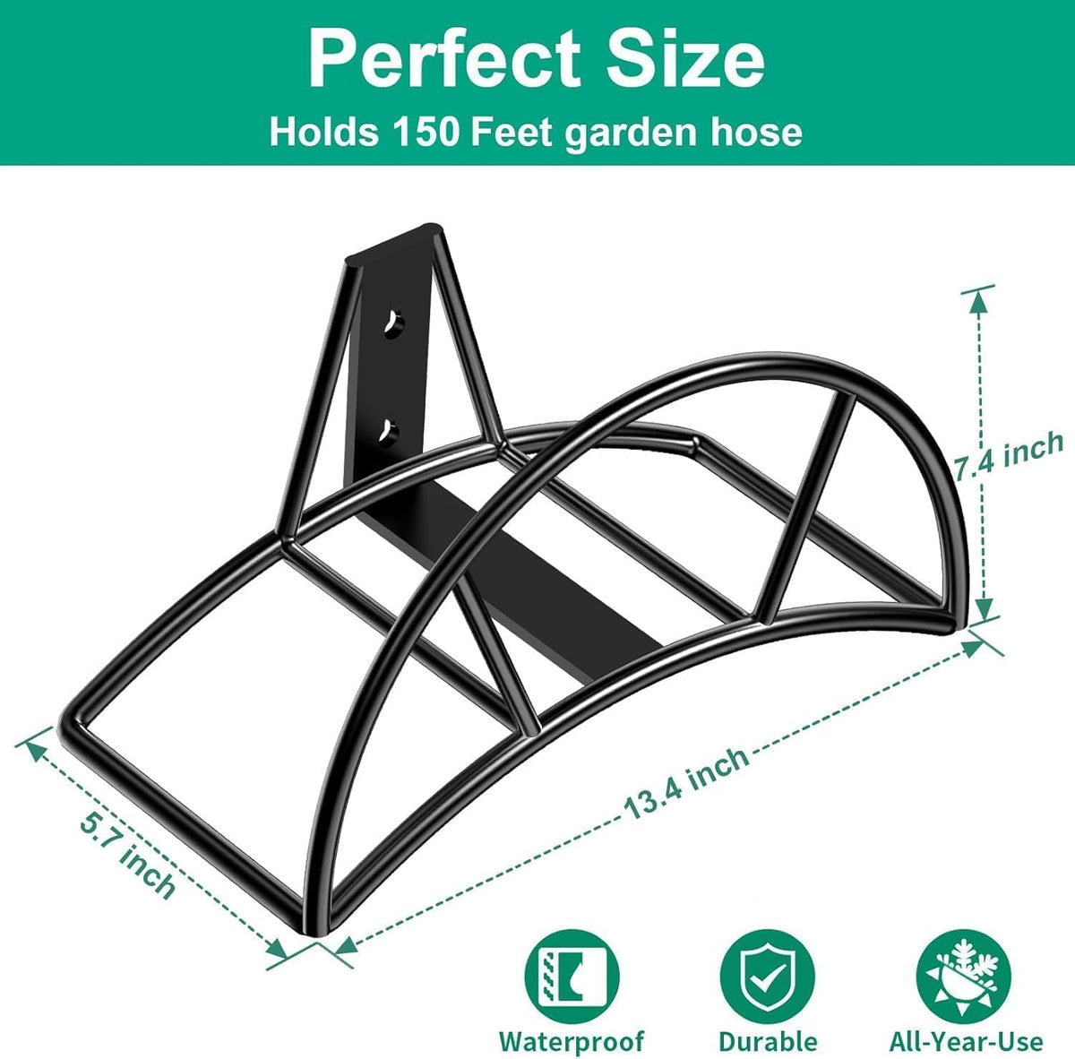 TomCare Garden Hose Holder Wall Mount, 150FT Capacity Water Hose Hanger | 7 mm Solid Metal Rod, One-Piece Welded Frame