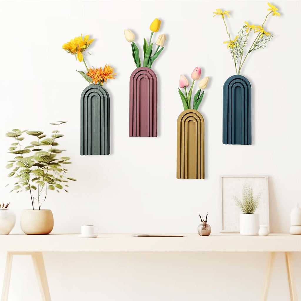 4 Pack Wood Wall Planter Indoor Wall Decor Plant Holders Boho Hanging Planter Vases for Modern Farmhouse Living Room