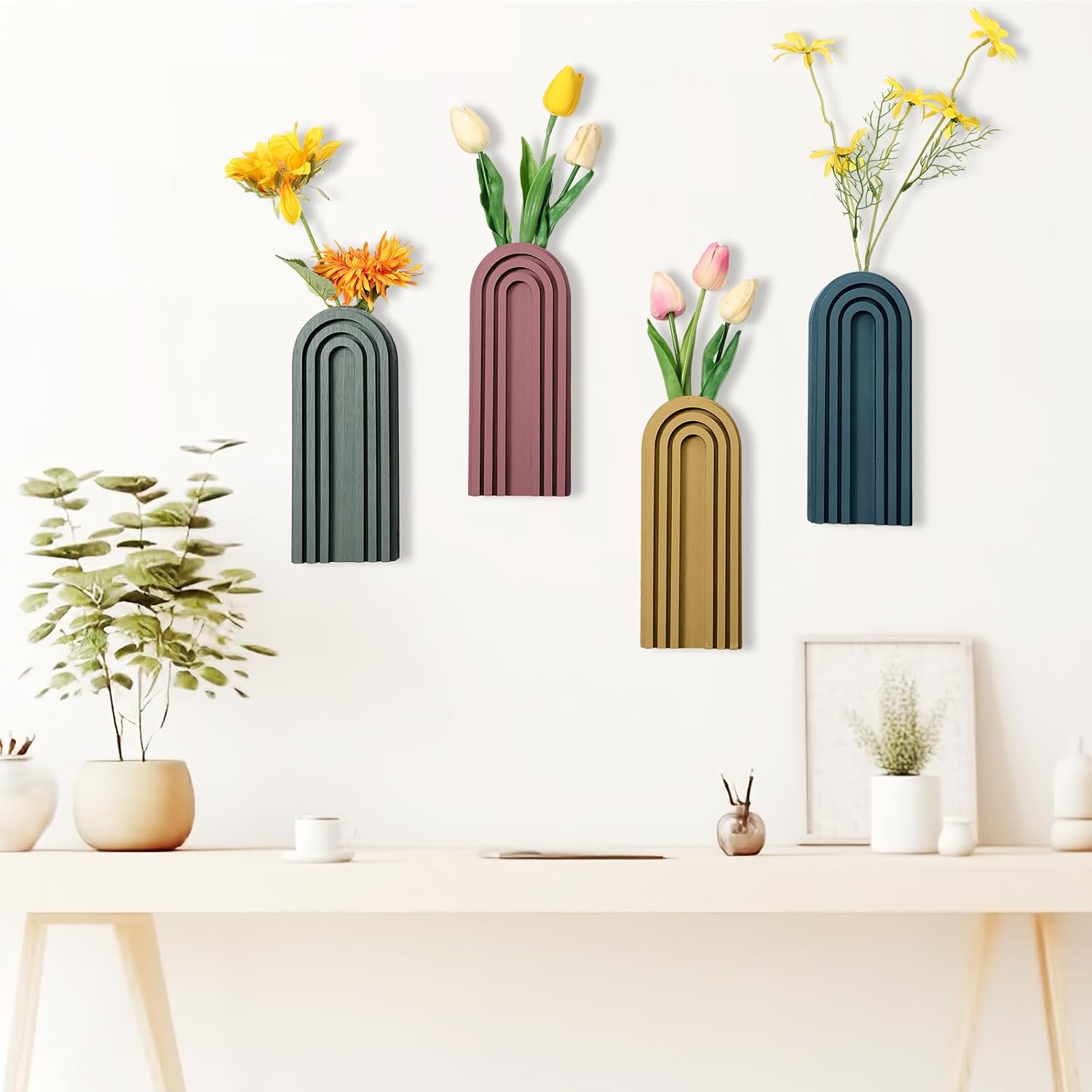 4 Pack Wood Wall Planter Indoor Wall Decor Plant Holders Boho Hanging Planter Vases for Modern Farmhouse Living Room
