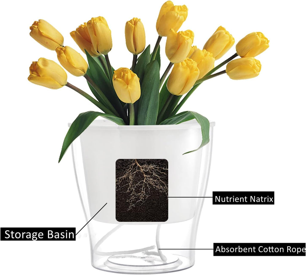 ZOOFOX 4 Pack Self Watering Pots for Indoor Plants, 7 Inch Large Clear Plastic Automatic-Watering Plant Pot, Modern