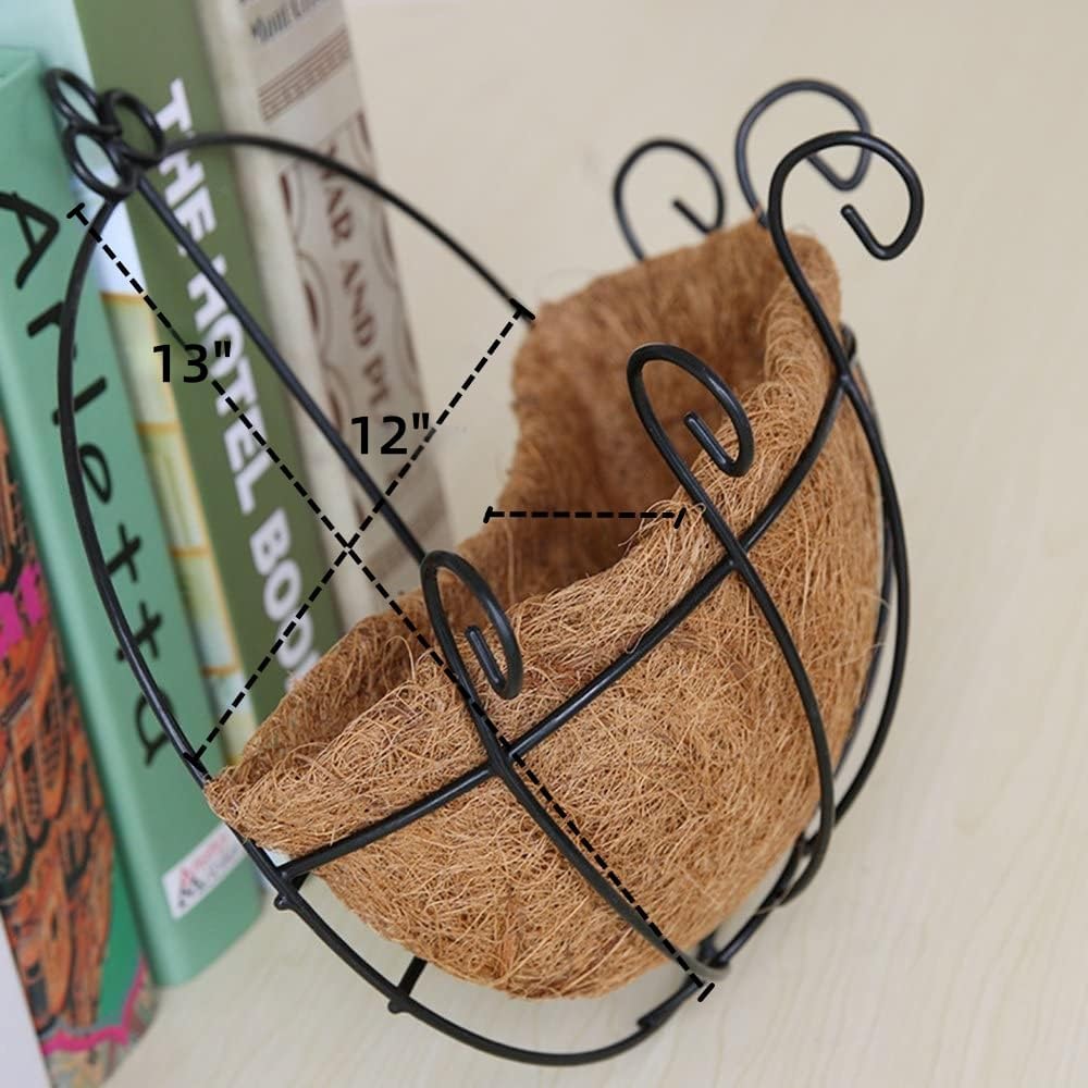 Metal Half Round Wall Planter with Coco Liner, 2-Pack, Hanging Basket for Outdoor Plants, Wall Pot Plants Holder, Fence