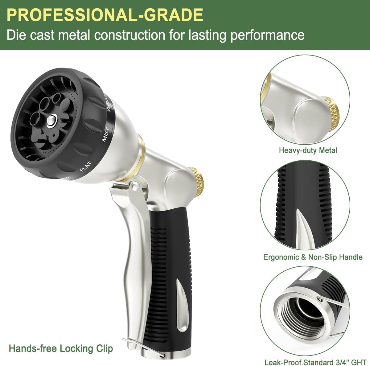 FANHAO Metal Garden Hose Nozzle Heavy Duty, 8 Spray Patterns, High Pressure | Rustproof Leak Proof, Comfortable