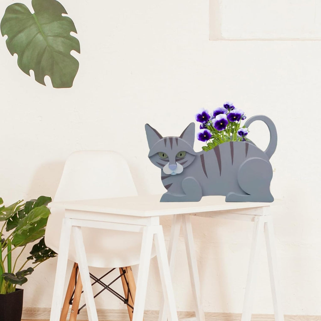 Blue Cat Planter Pots, Animal Shaped Flower Pot | Cute Plant Gift for Women and Pet Lovers, Indoor Outdoor Garden Home