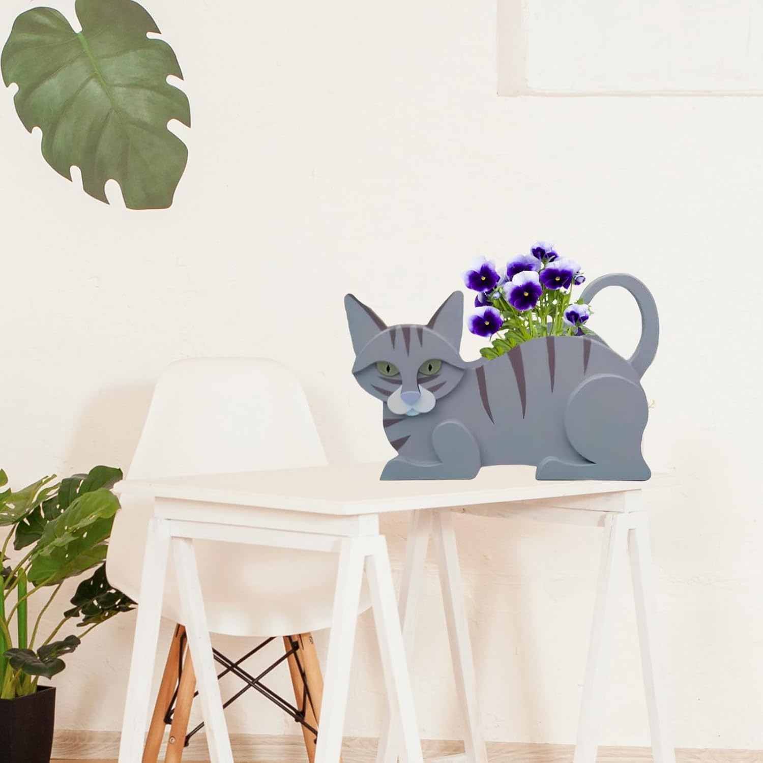 Blue Cat Planter Pots, Animal Shaped Flower Pot | Cute Plant Gift for Women and Pet Lovers, Indoor Outdoor Garden Home