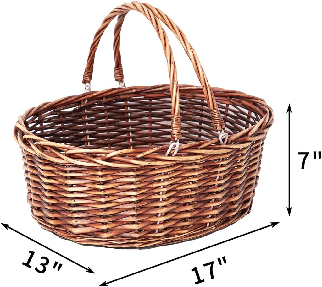 JJSQ Wicker Picnic Basket with Folding Handles Wicker Hand Woven Baskets for Storage, Garden Harvest, Easter, Empty