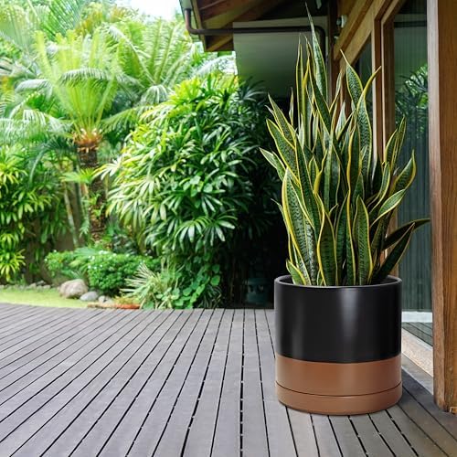 D'vine Dev 14 Inch Ceramic Planter Pot, Black/Tan, 94-O-G-7