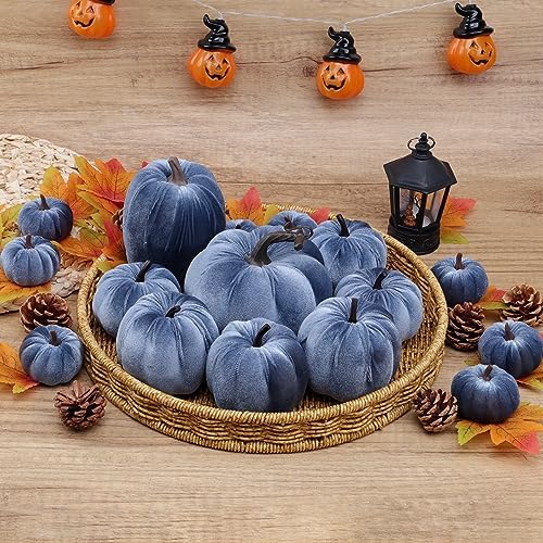 Faux Blue Velvet Pumpkin Artificial Fall Foam Pumpkin Decor 16 Pcs