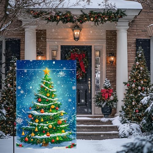 Winter Christmas Tree Garden Flag for Outside, Snowflake Xmas Ball Welcome Christmas Yard Flag 12x18 Inch Double Sided Burlap Holiday Farmhouse Home Decoration Outdoor Flag