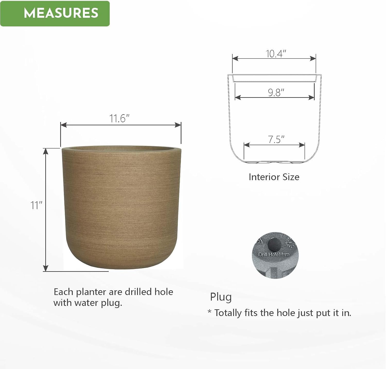 11" H Plant Pot, Resin Wood Texture with Drain Hole + Removable Stopper | UV-Resistant, Weatherproof, for Indoor