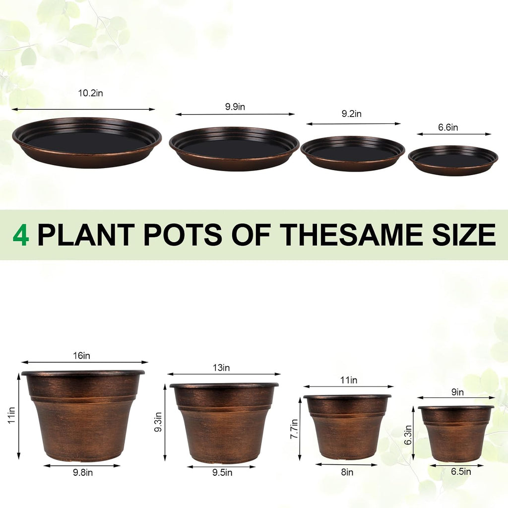 Plant Planters Pots Set of 4 Pack 16 Inch，Large Plastic Flower Pot For Indoor Plants With Drainage Holes & Trays, Resin
