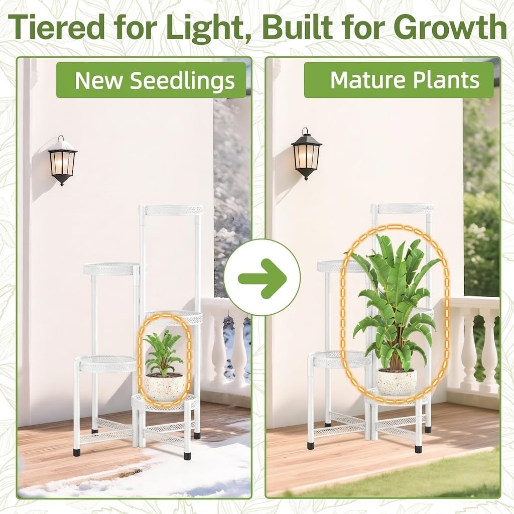 iDavosic.ly Plant Stand Indoor Outdoor, 5 Tier Iron Corner Shelf, White | Tiered Tall Flower Display Holder, Folding