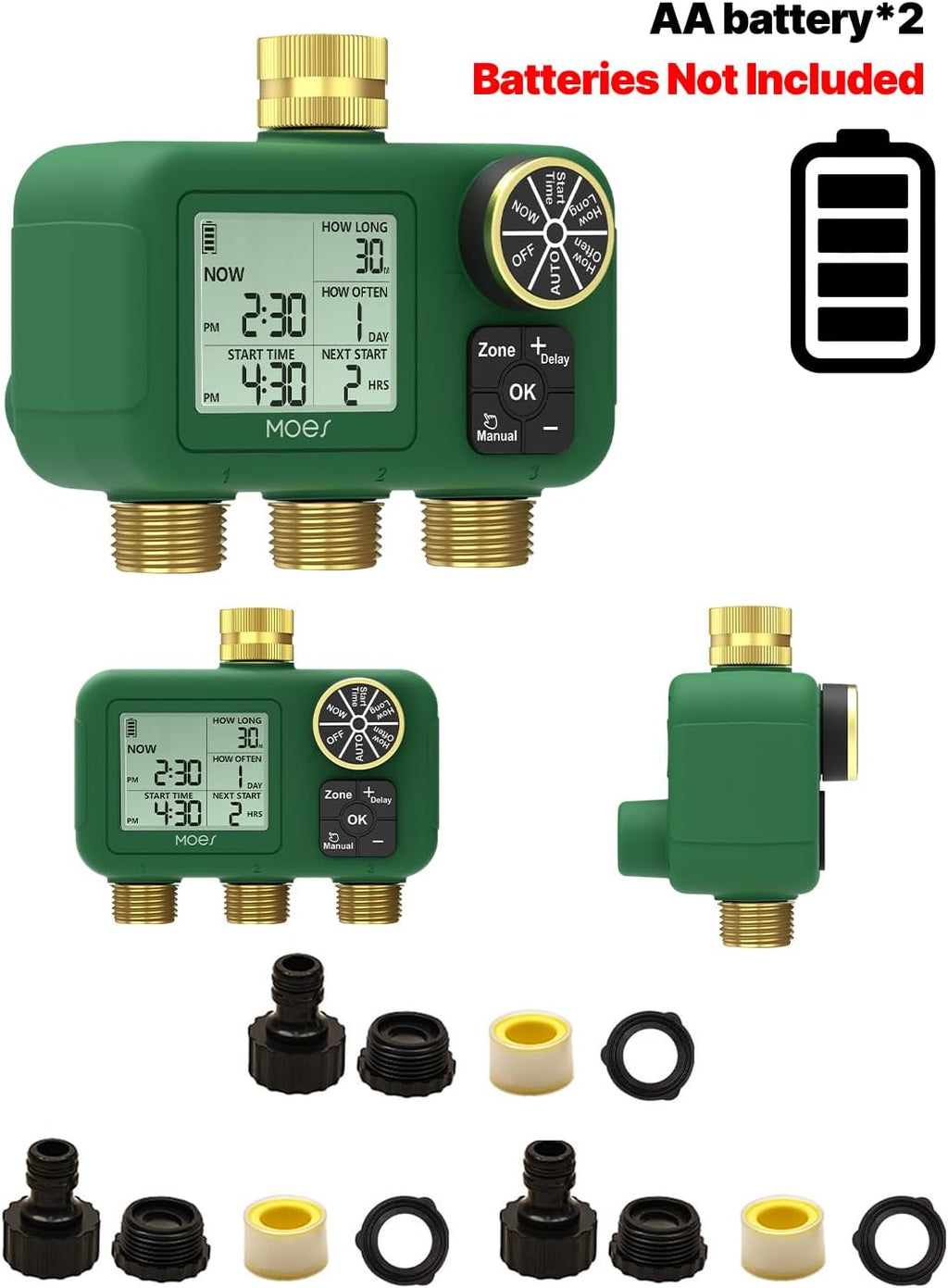 MOES 3 Zone Water Timer, Brass Fittings, Sequential Watering, No Wi-Fi | 3 Independently Programmable Outlets With 3/4