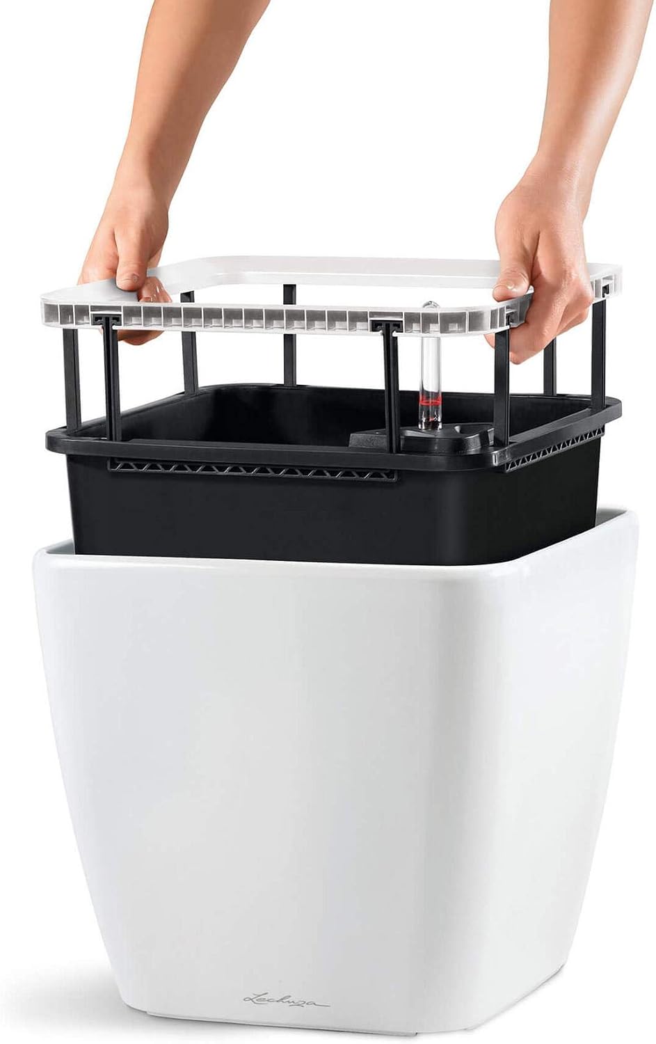 Lechuza Quadro LS 35 Cream White High Gloss, Self-Watering Square Planter, H13 L13.8 W13.8 in