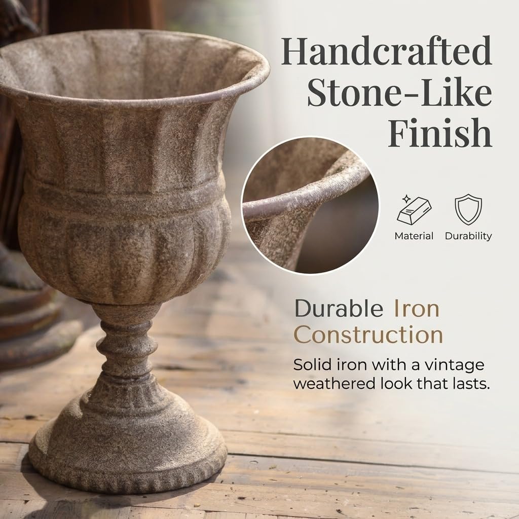 Vintage Urn Planter with Embossed Pattern, Imitation Stone Finish Flower Pot, Distressed Classic Plant Pot for Outdoor