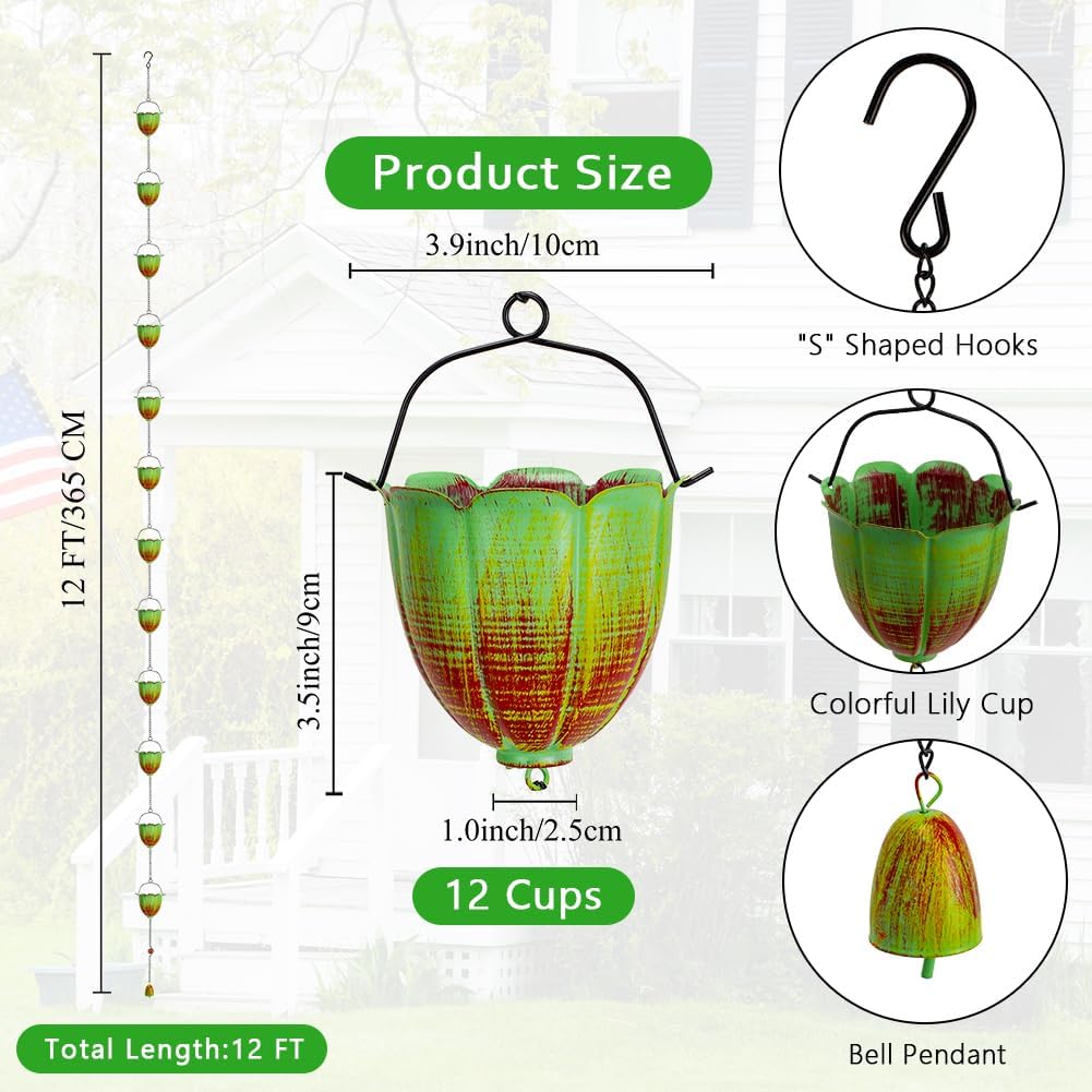 Rain Chains for Outside, 10FT Rain Water Chain with 12 Lily Cups | Adjustable Rain Gutter Chain with Bell for Eaves