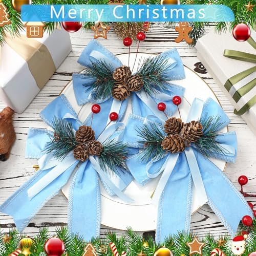 Syhood 6 Pcs Christmas Bows Xmas Velvet Bows Tree Decor, Bright Blue