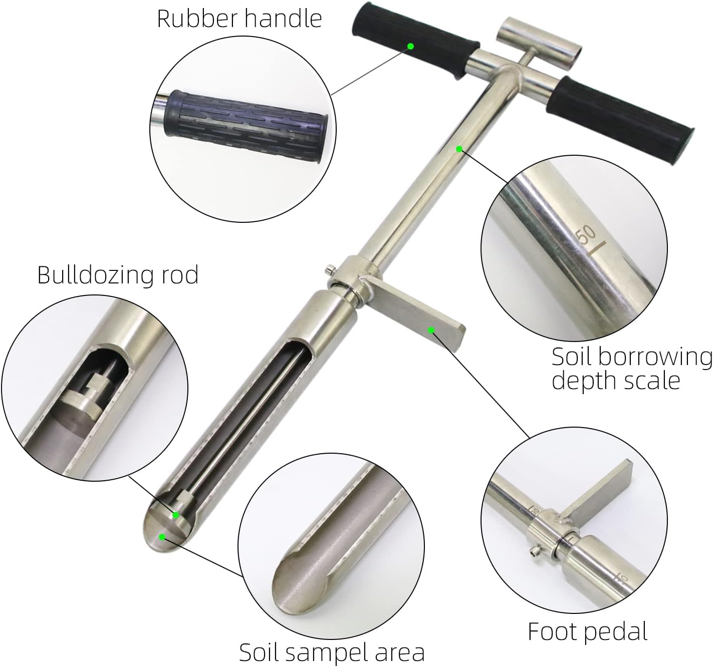 Soil Sample Probe 20” with Ejector and Foot Pedal,Soil Probe Stainless Steel T-Style Handle Soil Test Kit,Soil Probe
