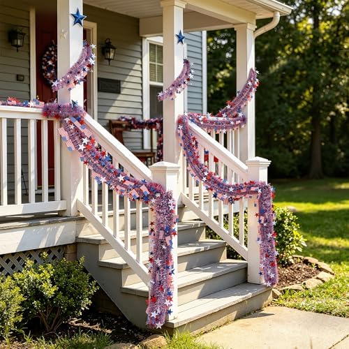 Yuubin 4th of July Garland American Flags Star Tinsel Patriotic Red White and Blue Garland Independence Day Decoration,for Memorial Day Home Indoor Outdoor Party Stairs Fireplace Golf Cart Decor