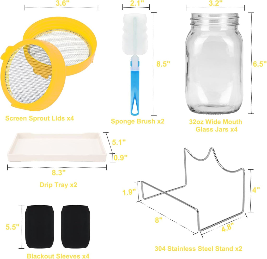 Lulonpon Sprouting Kit, 4 Sprouting Jar Kits, Wide Mouth Quart Mason Jars with Stainless Steel Screen Sprout