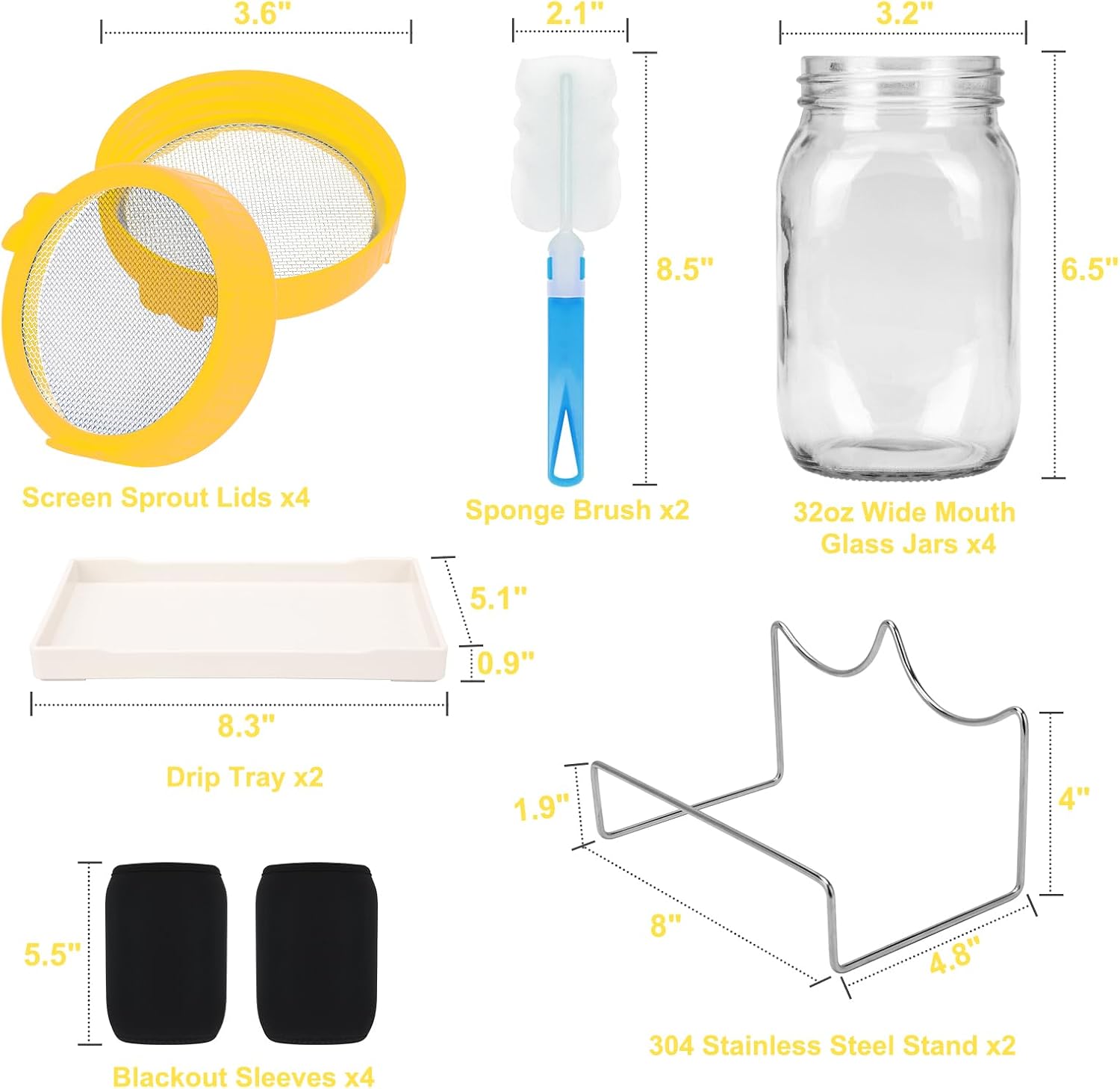 Lulonpon Sprouting Kit, 4 Sprouting Jar Kits, Wide Mouth Quart Mason Jars with Stainless Steel Screen Sprout