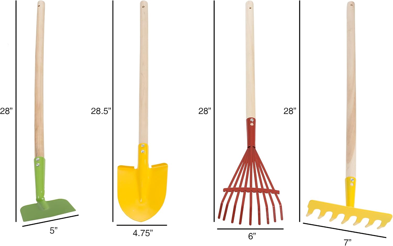 HEY! PLAY! Kids Gardening Tools Set, 4-Piece-Set | Mini Garden Tools with Wood Handles, Child-Sized Shovel, Rake, Hoe
