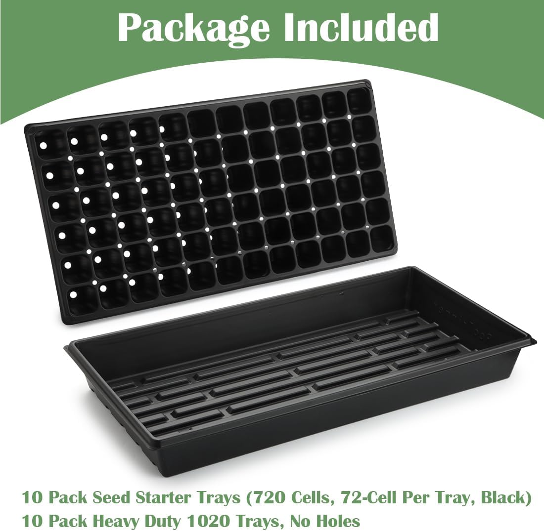 RooTrimmer 10 Pack 1020 Trays No Holes and 10 Pack 72 Cell Seed Starter Tray, 20" x 10" - Heavy Duty Reusable Plastic