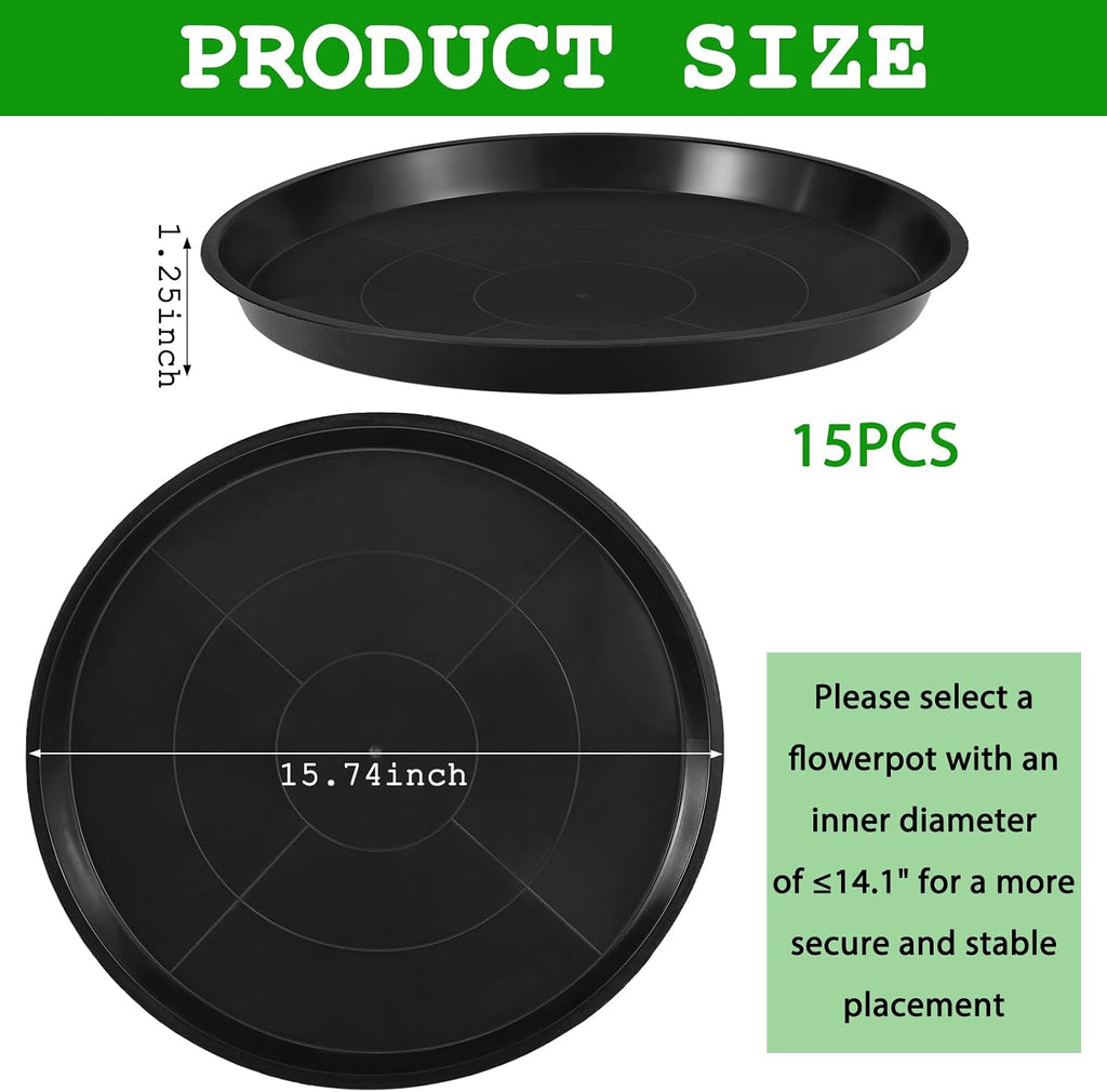 15 Pack Black Plastic Plant Saucers, 15.74 Inch Round Flower Pot Trays, Heavy Duty Plant Drip Trays for Flower Pots