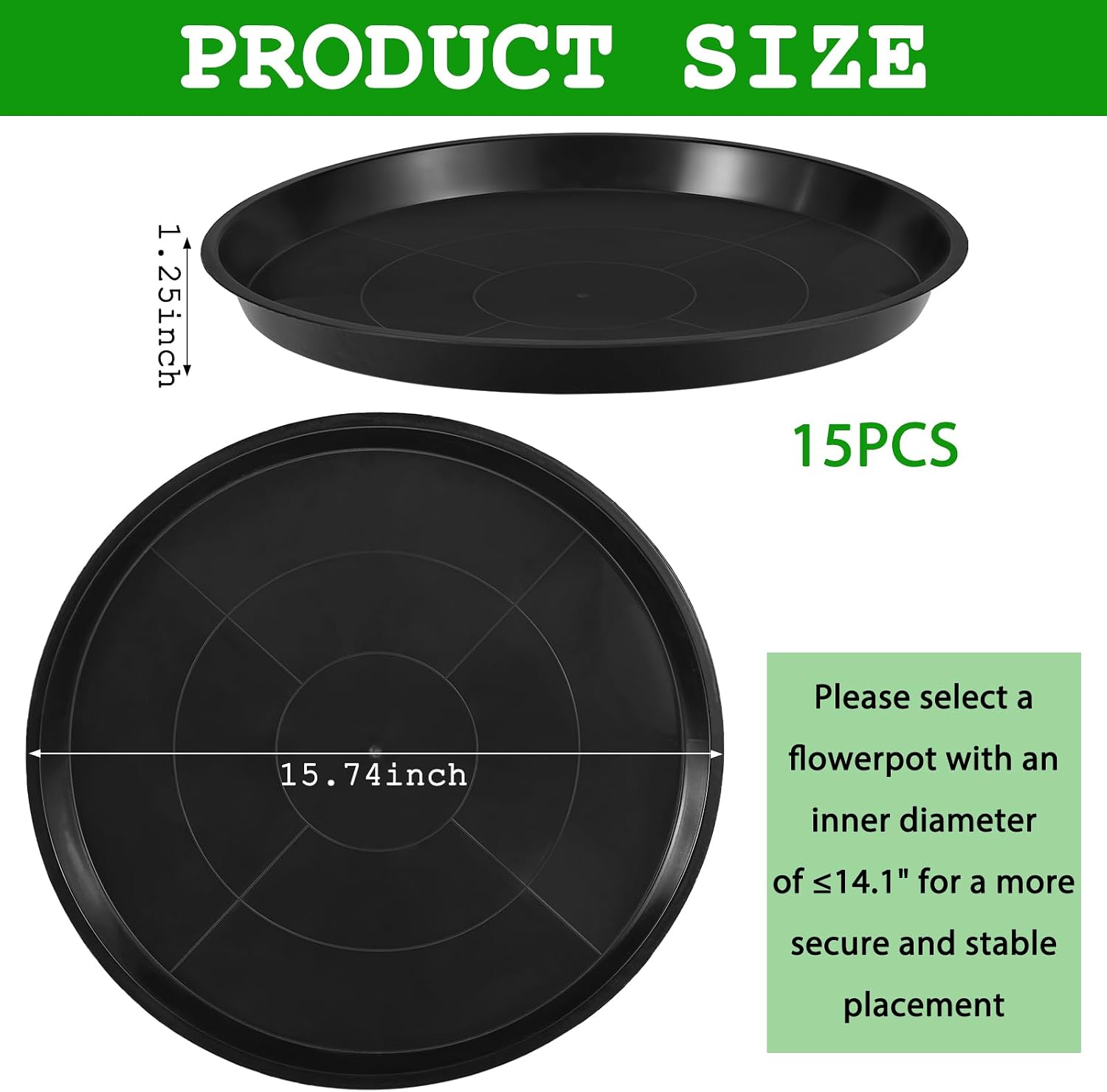 15 Pack Black Plastic Plant Saucers, 15.74 Inch Round Flower Pot Trays, Heavy Duty Plant Drip Trays for Flower Pots