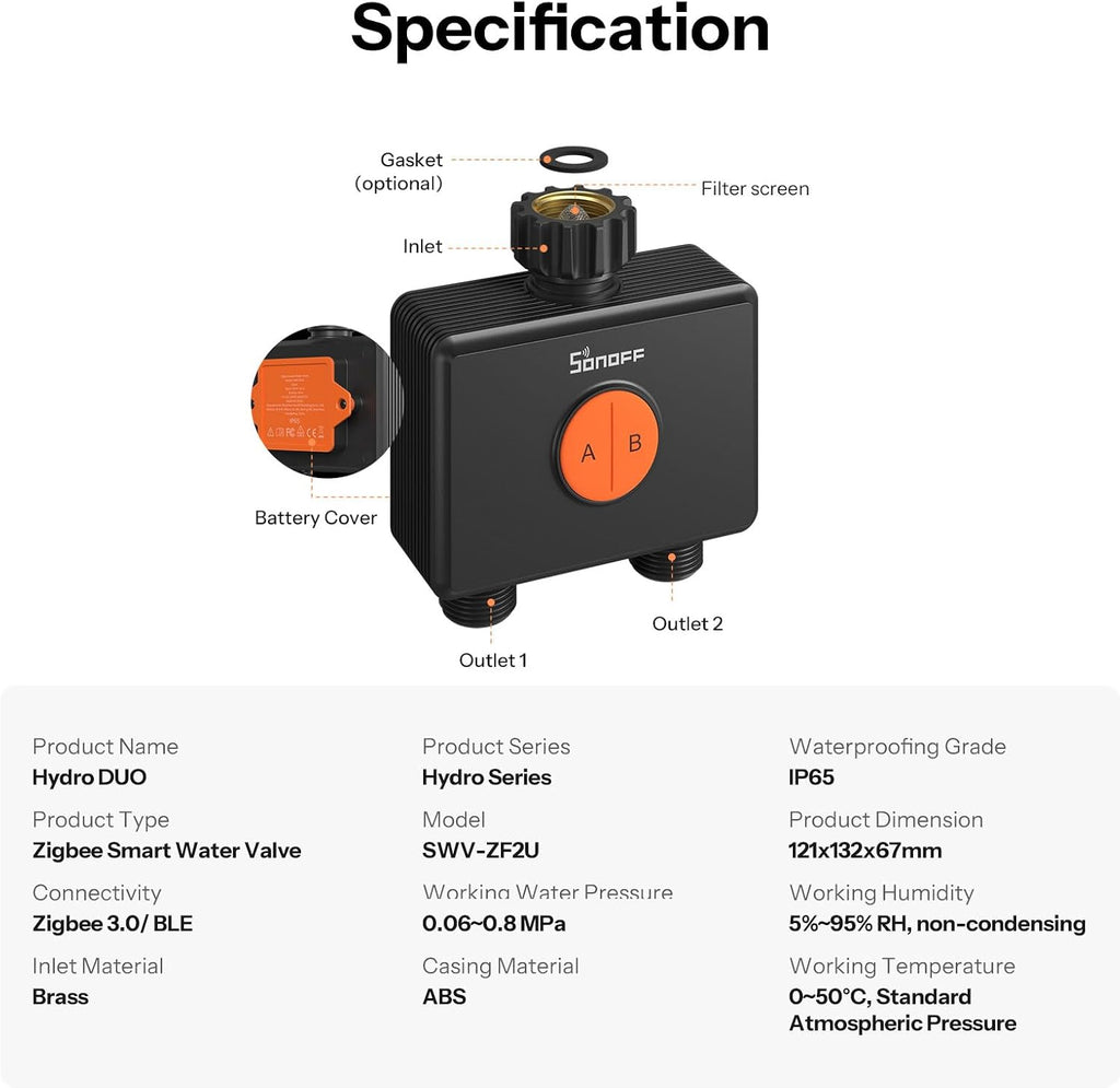 SONOFF SWV-ZF2U Hydro DUO Zigbee Smart 2 Zone Sprinkler Timer, Brass Inlet, IP65, Type-C & 4 AA Battery Powered