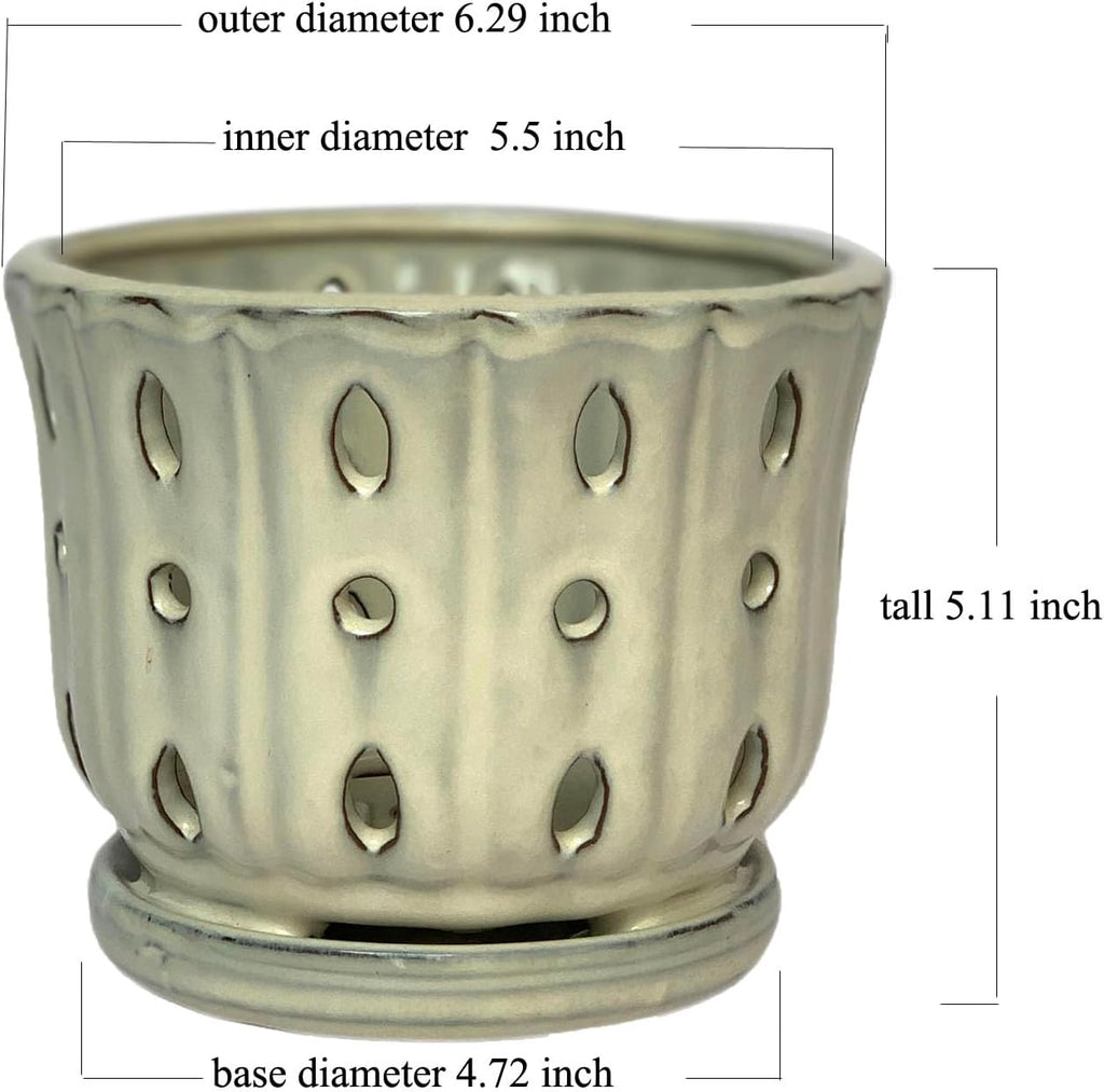 Ceramic Orchid Pot With Attached Saucer and Drainage Hole 6'' (Cream) | Orchid Planter,Orchid Ceramic Pot,Orchid Pots