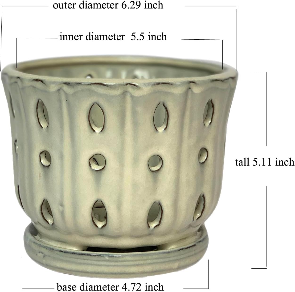 Ceramic Orchid Pot With Attached Saucer and Drainage Hole 6'' (Cream) | Orchid Planter,Orchid Ceramic Pot,Orchid Pots