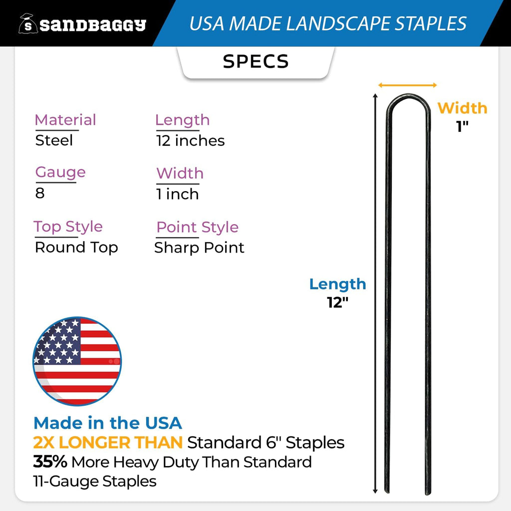 Sandbaggy USA Made 12-inch Landscape Staples - Garden Stakes - Drip Irrigation Tubing, Landscaping Fabric, Netting