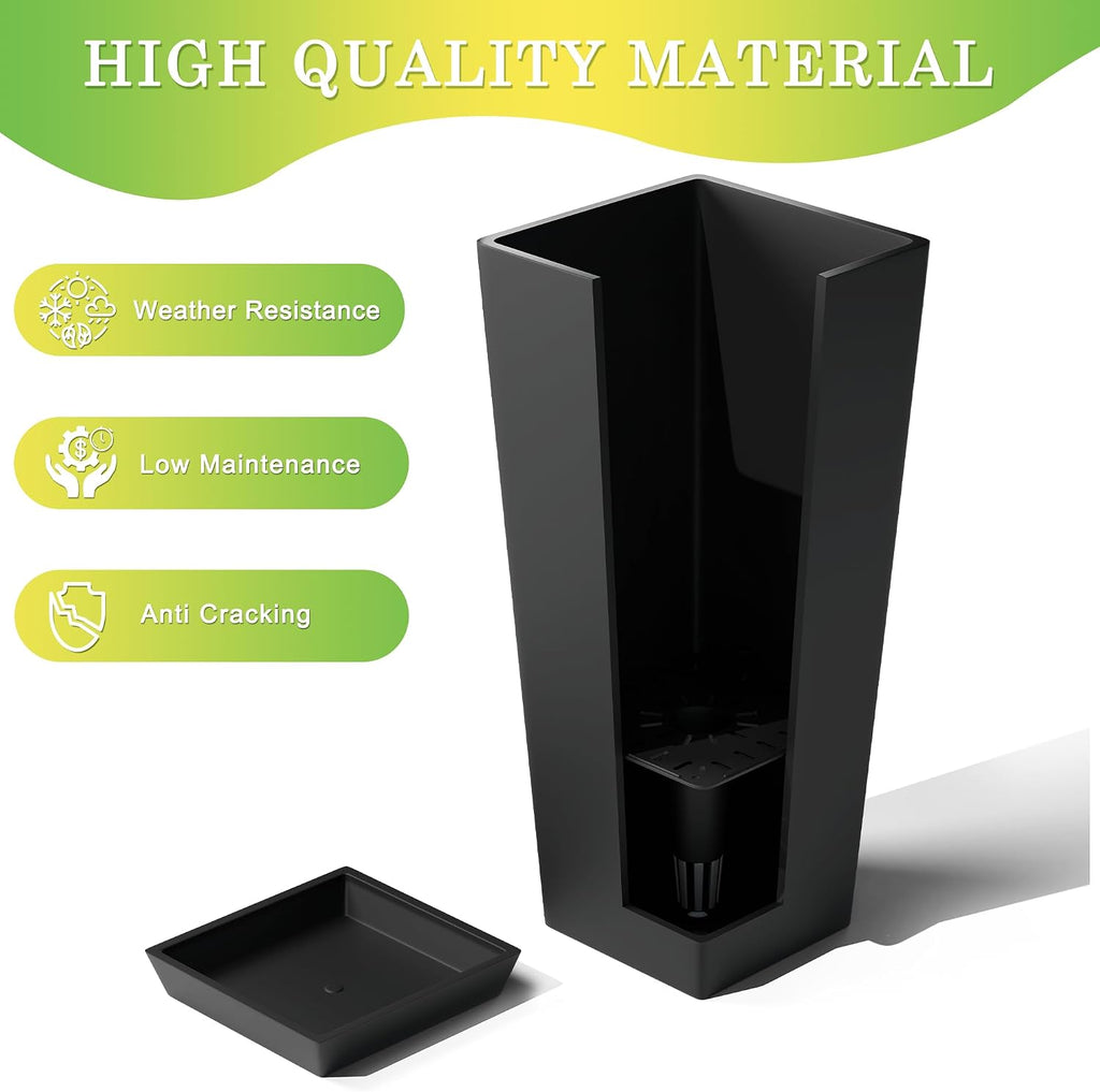 TUYOHW 24-Inch Tall Planters for Outdoor Plants, Set of 2, Black | Square tapered plastic planters with drainage trays