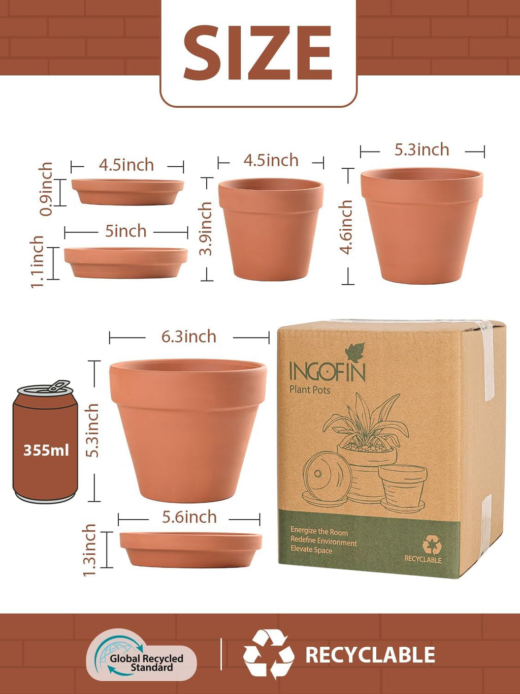 INGOFIN Terracotta Pots Set with Saucer - 5/6/7 inch Ceramic Clay Planters with Drainage Hole, Garden Flower Succulent