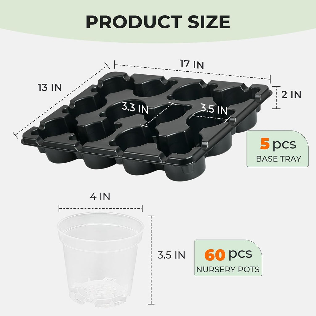 5 Pack 12 Cell Seed Starter Trays with 60 4 Inch Nursery Pots | Includes five 12 cell trays and 60 clear 4 inch nursery